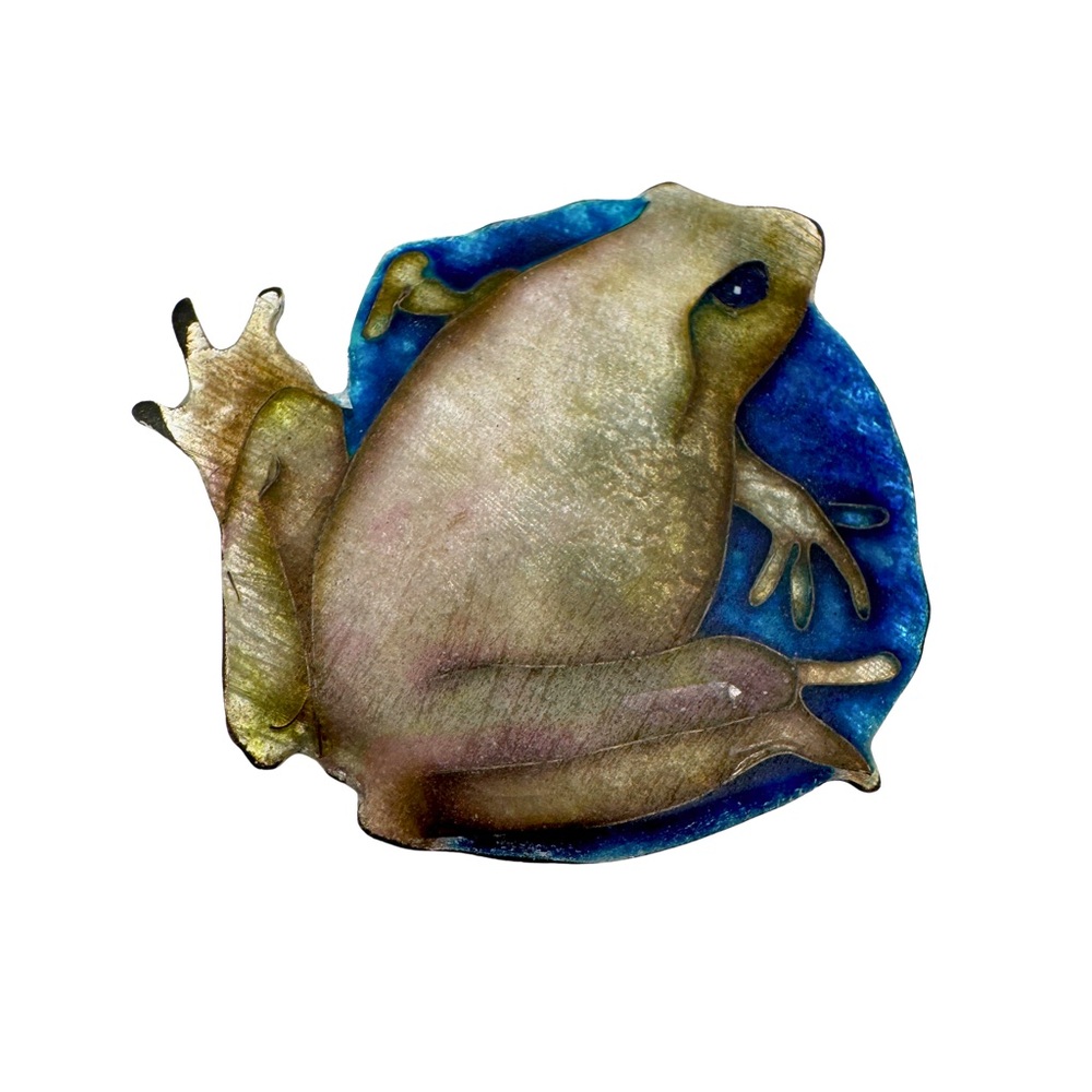 Liz Powers Frog Pendant Signed 1984 Brown Green Frog Blue Enamel Pendant Jewelry